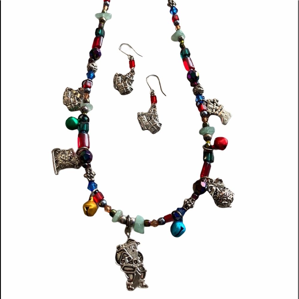 Christmas Holiday Necklace Earring Set Silver Charms Colorful Round Bell Festive
